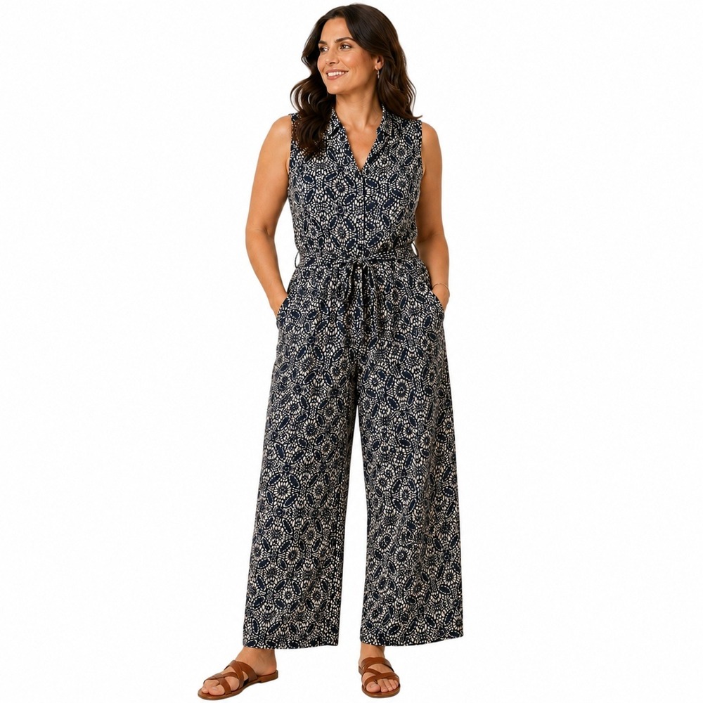 Soft‎ Surroundings Sleeveless Jumpsuit Medium Black & Tan Medallion Wide Leg